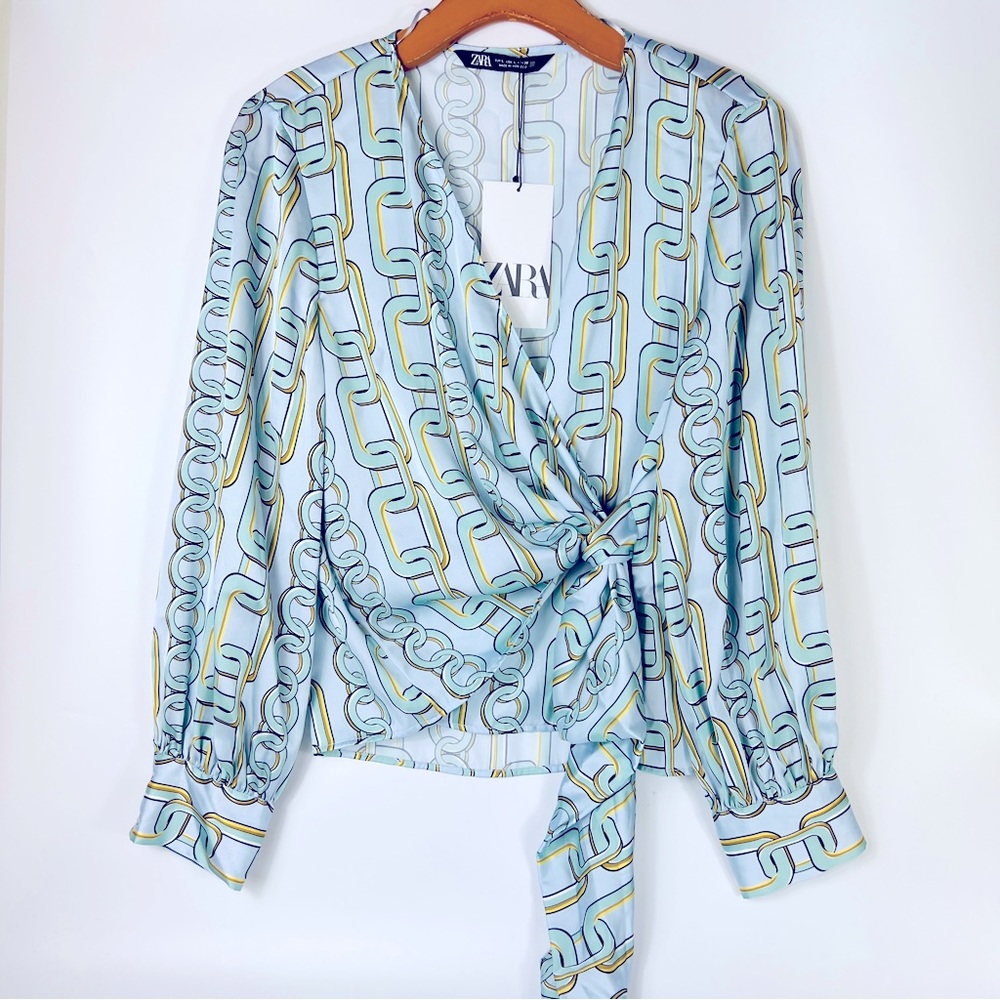 ZARA Chain Print Long Sleeve Sky Blue Top XS NWT